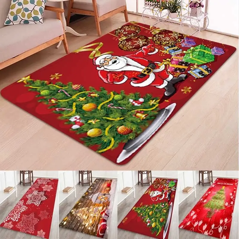 

3D Christmas Santa Claus Anti-slip Kitchen Dining Room Fireplace Floor Mat Flannel Carpet Rug Durable Xmas Home Decor Floor Rug