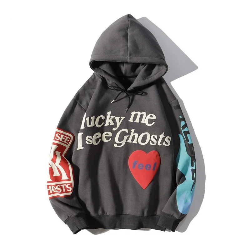 

Graffiti Letter Printed Hoodies Men Lucky Me I See Ghosts Mens Sweatshirts Fleece Streetwear Harajuku Hip Hop Sudaderas Hombre