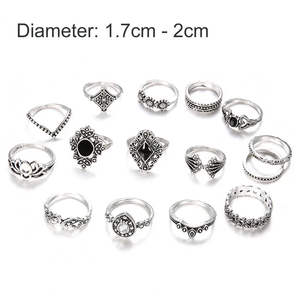 

15Pcs/Set Women Hollow Lotus Sunflower Geometric Faux Gem Stacking Finger Ring Stylish simplicity black Gem Ring 2021 New