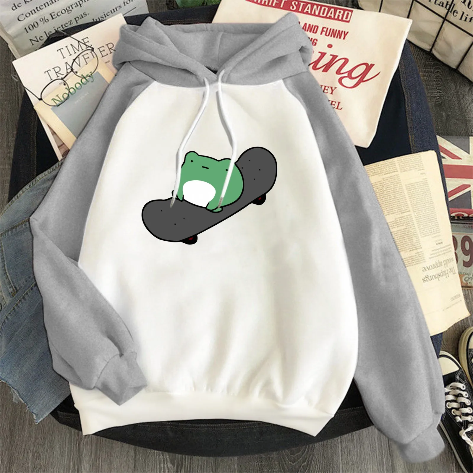 

Frogs Hoodie Women Sweatshirt Hooded Pullover Fashion Moletom New Stitching Cute Plus Velvet Long-sleeve Top Kawaii Clothes Y2k
