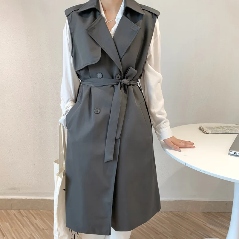 

Mid-length Female Gray Trench Coat Waistcoat With Sashes Spring Autumn 2023 Korean Women Double Breasted Lapel Sleeveless Vest