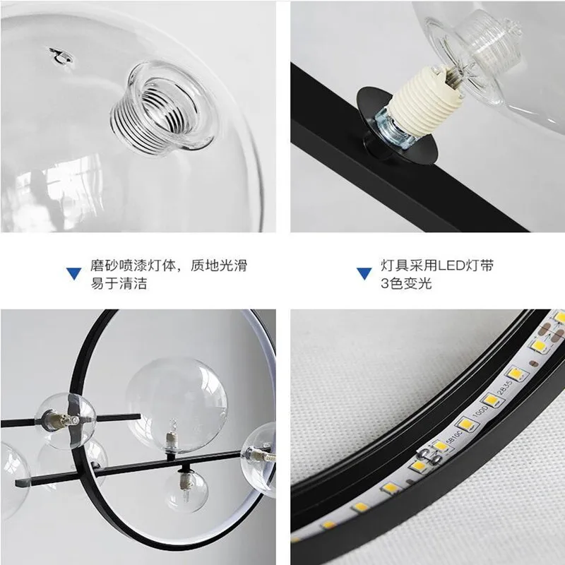

New Design Glass Bubble Chandelier LED Nordic Black Kitchen Island Hanging Lights Round Ring Decor Lighting Fixtures 110-220V