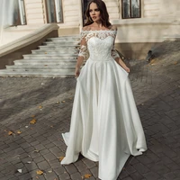 elegant 34 sleeves a line satin wedding dress 2021newest appliques beach bridal dress for women vestido de fiesta de boda