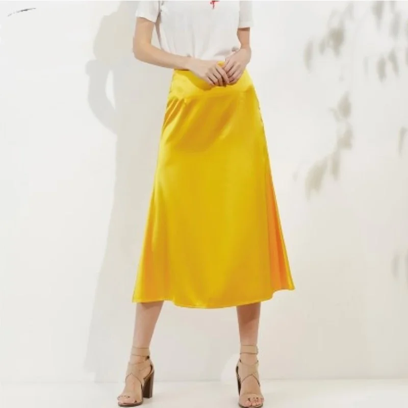 Женская атласная юбка с завышенной талией розовая или зеленая элегантная