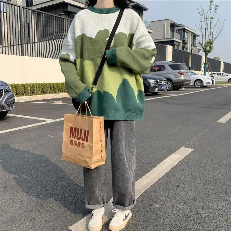 

Y2k Preppy Style Patchwork Knitted Long Sleeve Sweater Women Spring and Autumn Korean Fashion Oversized Pullovers Schoolgirl Top
