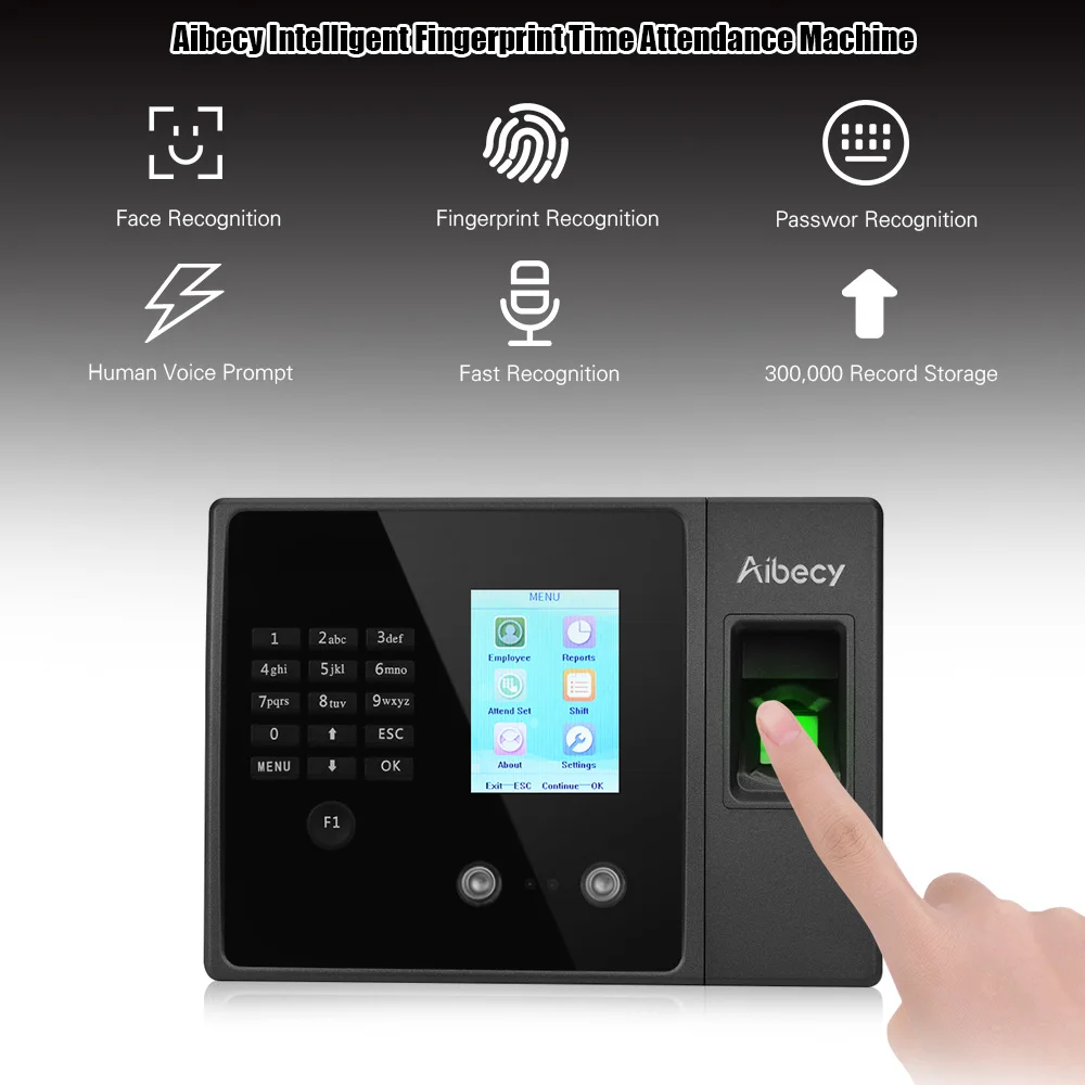 Биометрическая машина для отслеживания отпечатков пальцев Aibecy с HD дисплеем