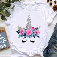 lovely unicorn with flowers printed tshirt femme summer top female white short sleeve casual t shirt women 90s girls t shirts