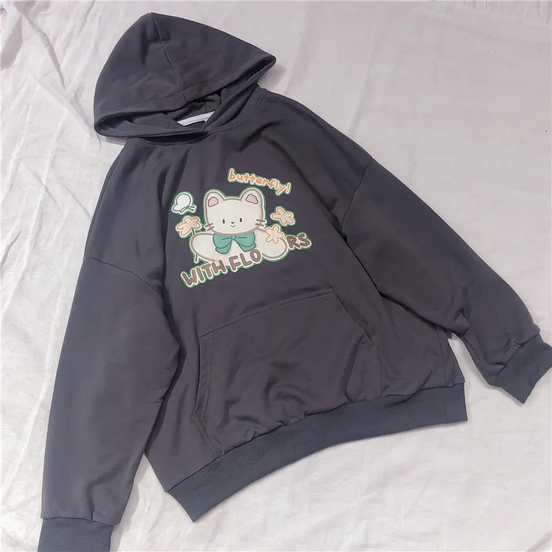 

Early Autumn Bestie Hoodies Childlike Small Fresh Girl Soft Sister Loose Cartoon Cats Letters Print Women Pullover