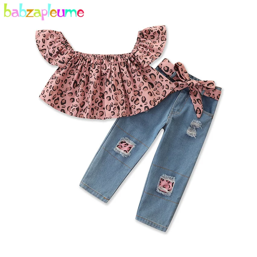 

babzapleume 2021 Spring Summer Outfits Children Clothes Fashion Print Cotton T-shirt+Hole Kids Jeans Baby Girls Clothing Set 099