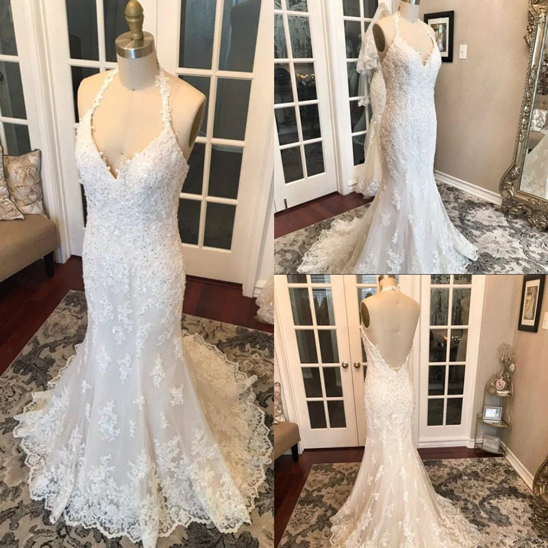 

Mermaid Wedding Dresses Halter Neck Beaded Sequined Lace Ope n Backless 2021 Modern Bridal Gowns Sweep Train vestido de noiva