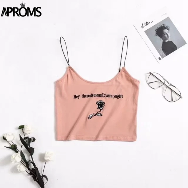 Aproms, уличная одежда, с вышивкой розы, базовые женские майки, высокая мода, яркие, тянущиеся, кроп-топ, 90 s, крутые, для девочек, короткие, бюстье, топы на бретелях - Цвет: Розовый