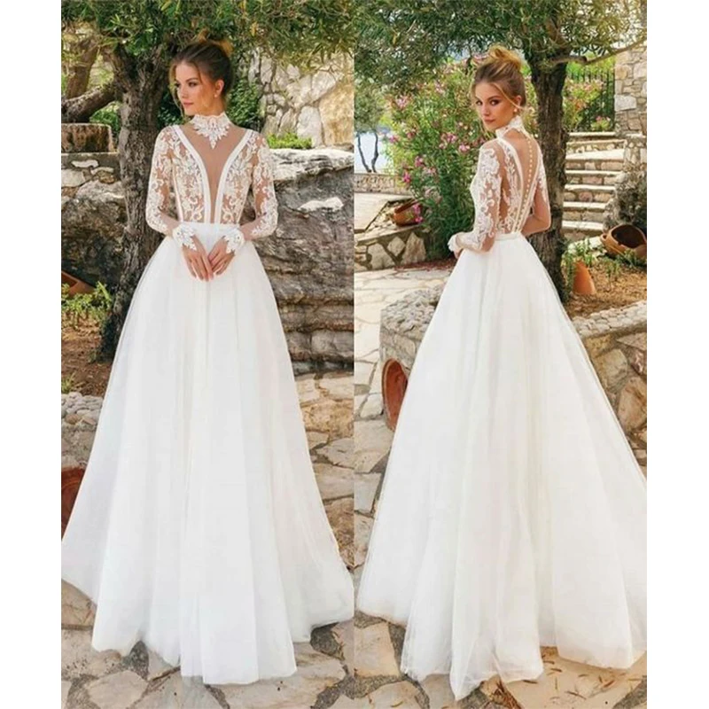 Купи Vintage Long Wedding Dresses 2022 Full Sleeve High Neck Tulle Bride Gown Vestido De Noiva Sheer Lace Top Floor-length за 4,947 рублей в магазине AliExpress