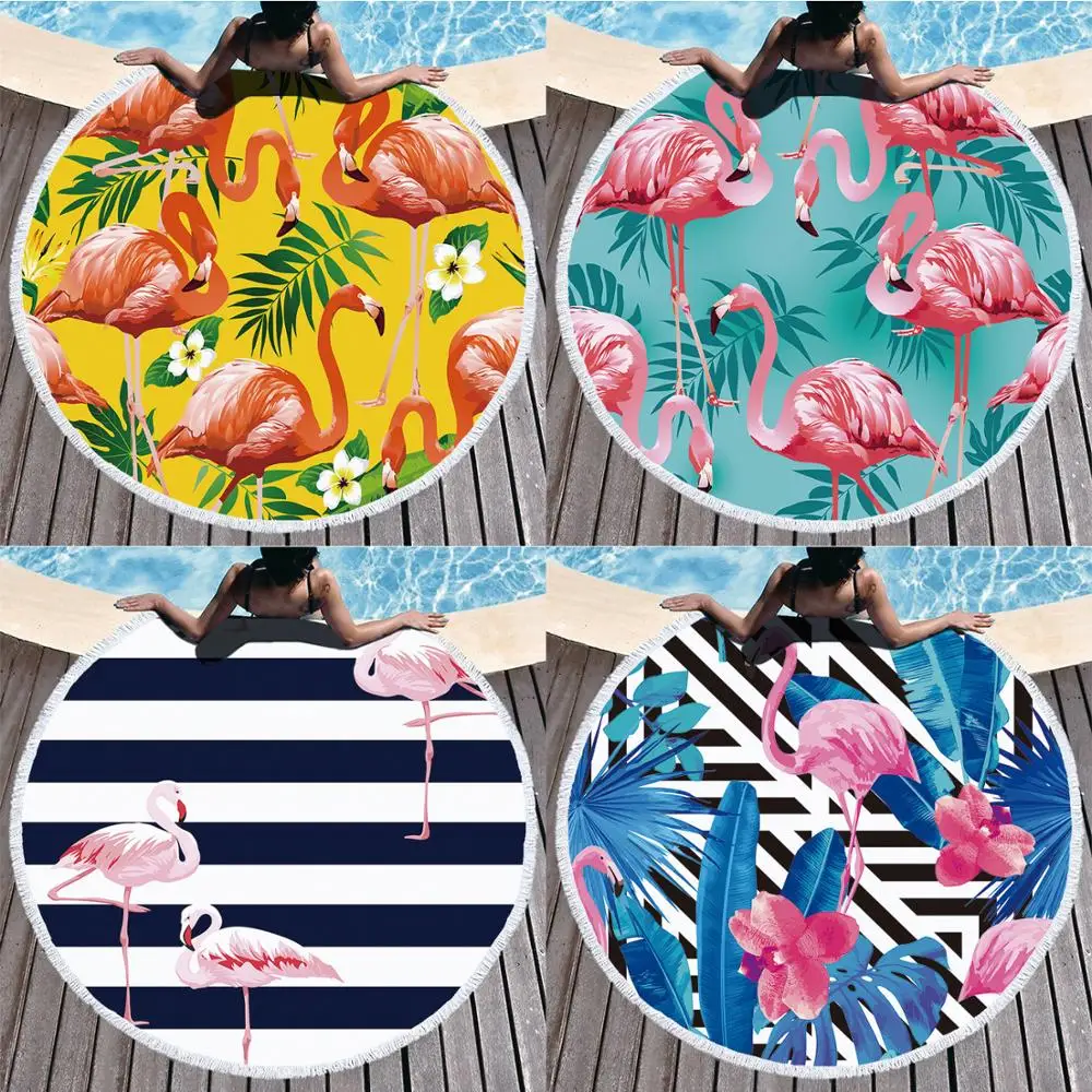 Летний круглый пляжный полотенце с фламинго и тропическими растениями в комплекте с рюкзаком-мешком на завязках, полотенце для ванны и душа, покрытие для бикини - toalla playa.