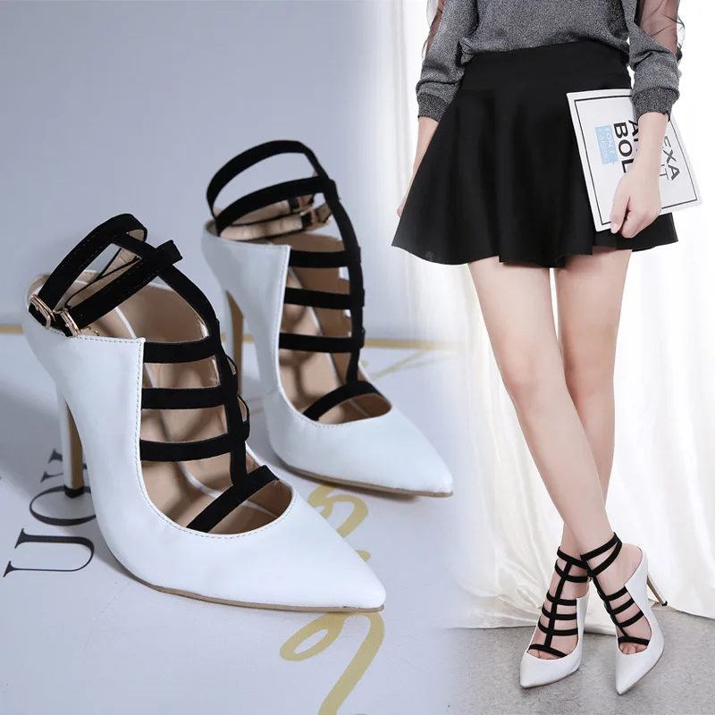 

Gladiator Women Pumps Fashion Buckle Strap Pointed Toe High Heels Lady White Wedding Shoes Thin Heels Sandal Autumn