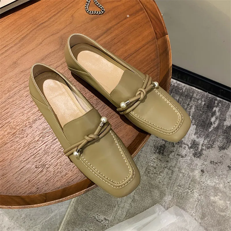 

Meotina Low Heel Pumps Genuine Leather Square Toe Loafers Shoes Women Pearl Bow Block Heels Footwear Female Spring Black Size 40