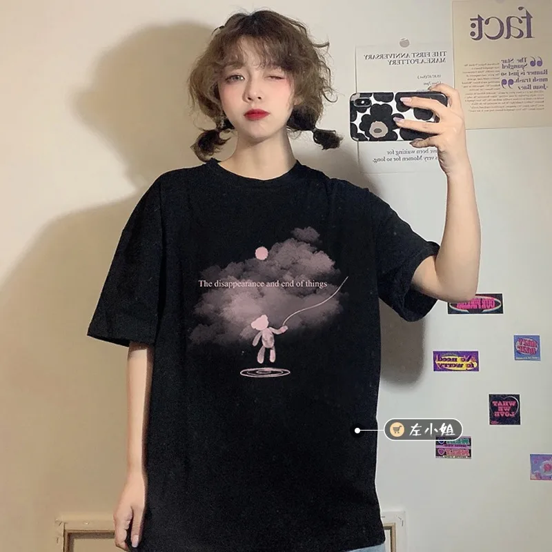 Женская футболка с коротким рукавом свободная черная в стиле Харадзюку принтом