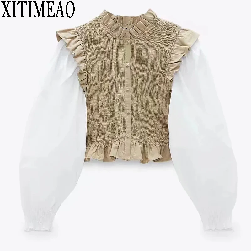 

Женская Весенняя блузка с пышными рукавами ZA, элегантная эластичная плиссированная приталенная рубашка, повседневные шикарные топы XITIMEAO