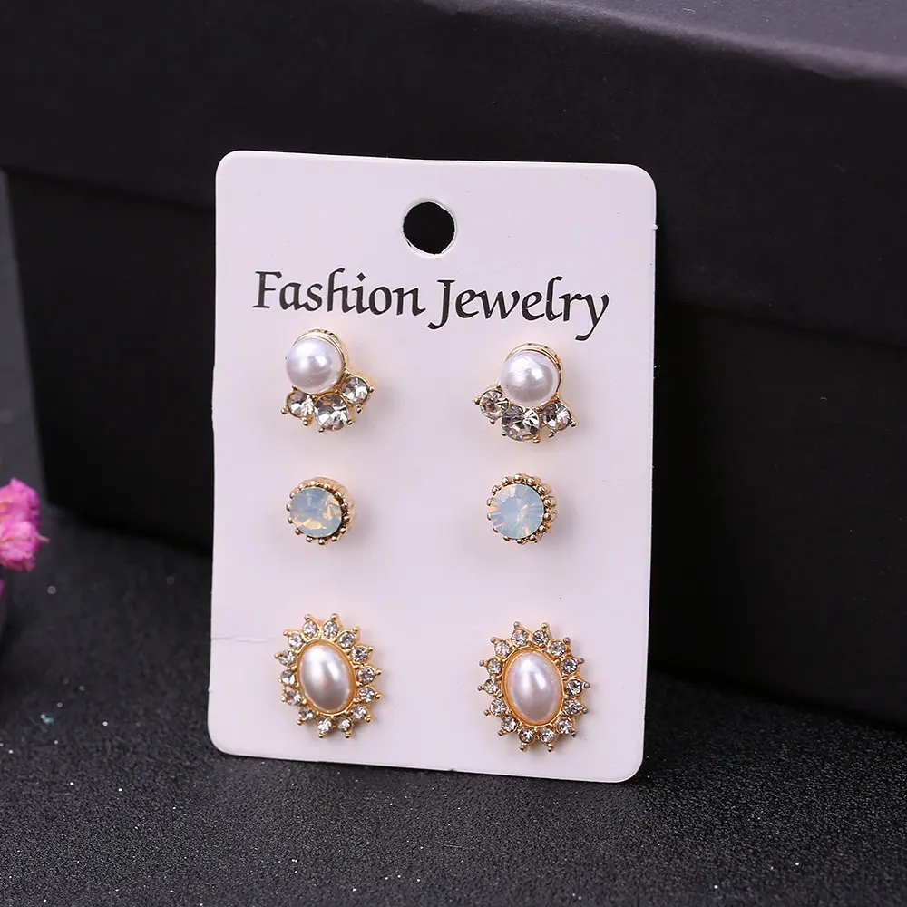 3 pairs/set Bohemian stud earrings set for women new fashion jewelry accessories retro pearl crystal earrings gifts - Окраска металла: style B