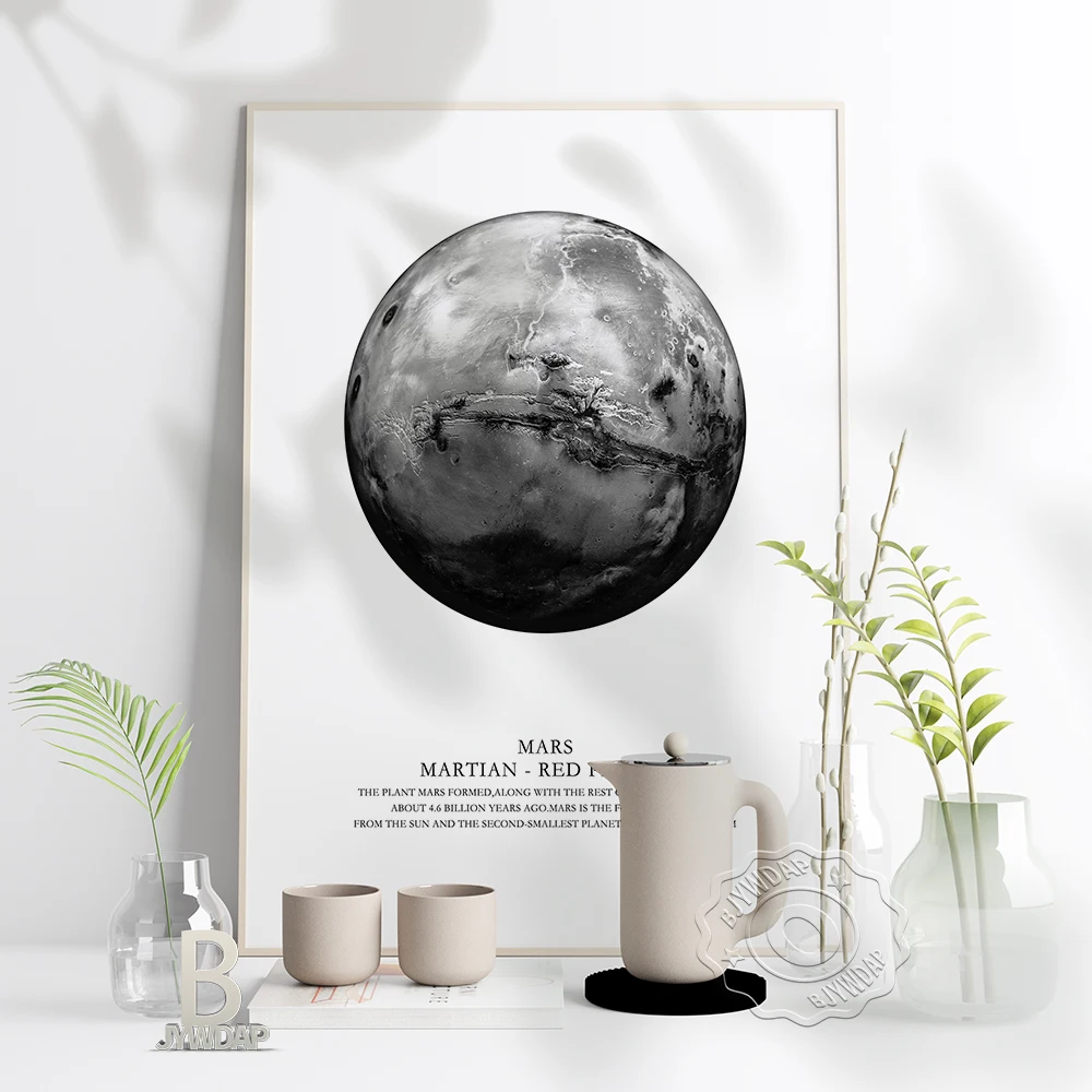 

Mars Planet Black White Poster Wall Art Canvas Painting Scientist Modern Space Stars Nordic Poster Boys Home Kids Room Decor