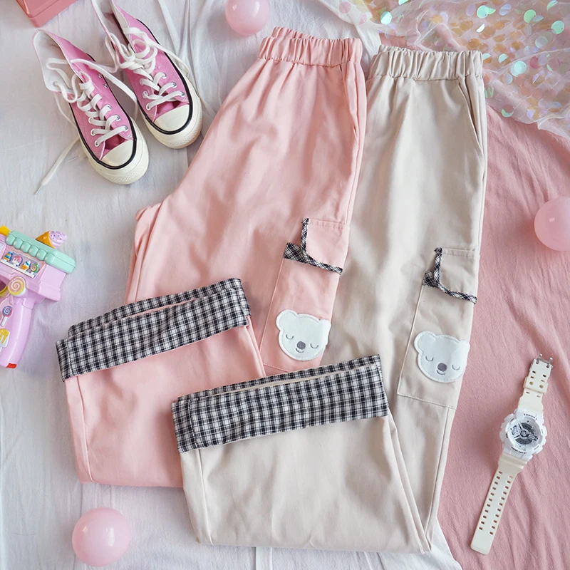 Женские брюки-карго в стиле Харадзюку каваи клетчатые брюки с мультяшной