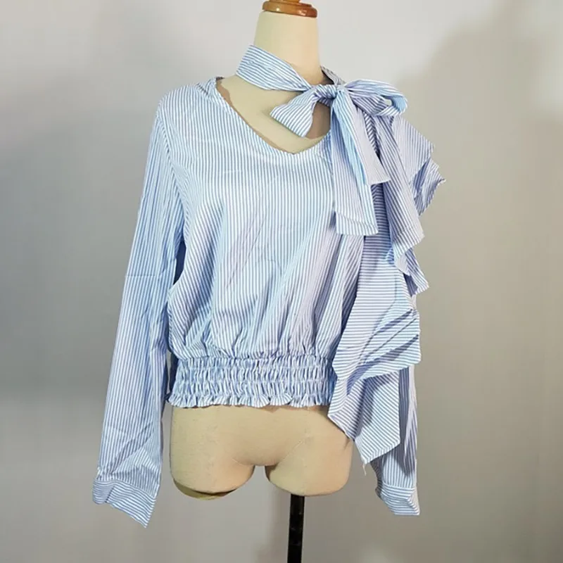 CHICEVER летняя элегантная полосатая женская блузка с бантом и v-образным вырезом в