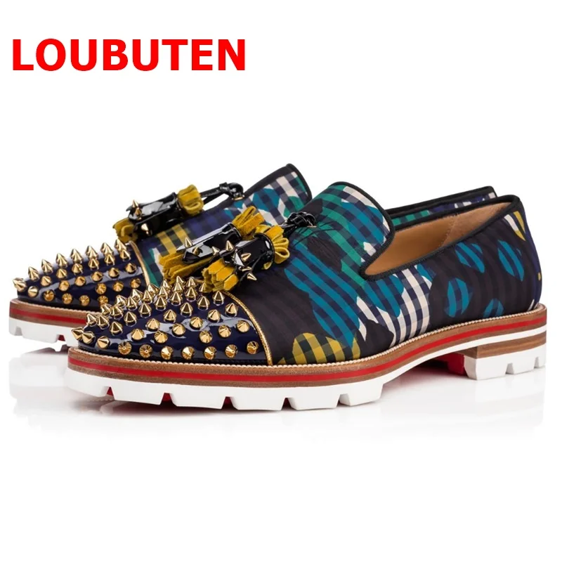 

LOUBUTEN Fashion Stripes Color Painting Rivets Shoes Men Tassel Loafers Luxury Slip On Thick Soles Dress Shoes Casual Shoes
