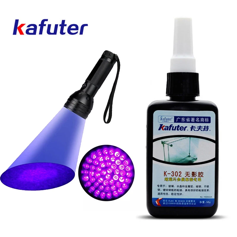 Güçlü 50ml Kafuter UV tutkal UV kür yapıştırıcı K-302 + 51 LED UV el feneri UV kür yapıştırıcı kristal cam ve Metal yapıştırma