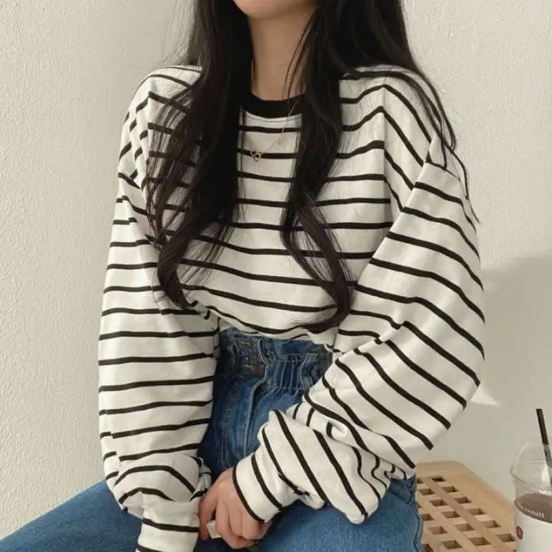 Fashion Oversized Sweatshirt Sweatshirt with Hood Women's Sweatshirt Striped Long Sleeves Casual Loose Pullovers O-Neck Korean