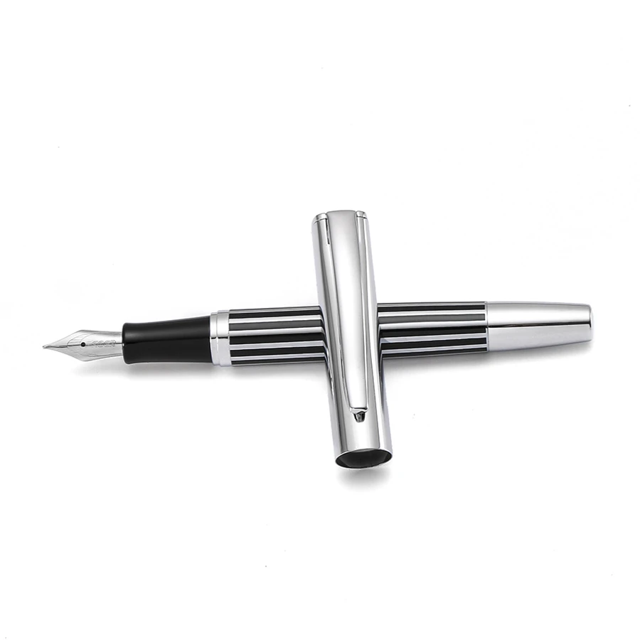 

Baoer [Sober] Fountain Pen, Black Stripe Lacquer Barrel, Silver Trim Stainless Steel Medium Nib, Office School Signature A6259