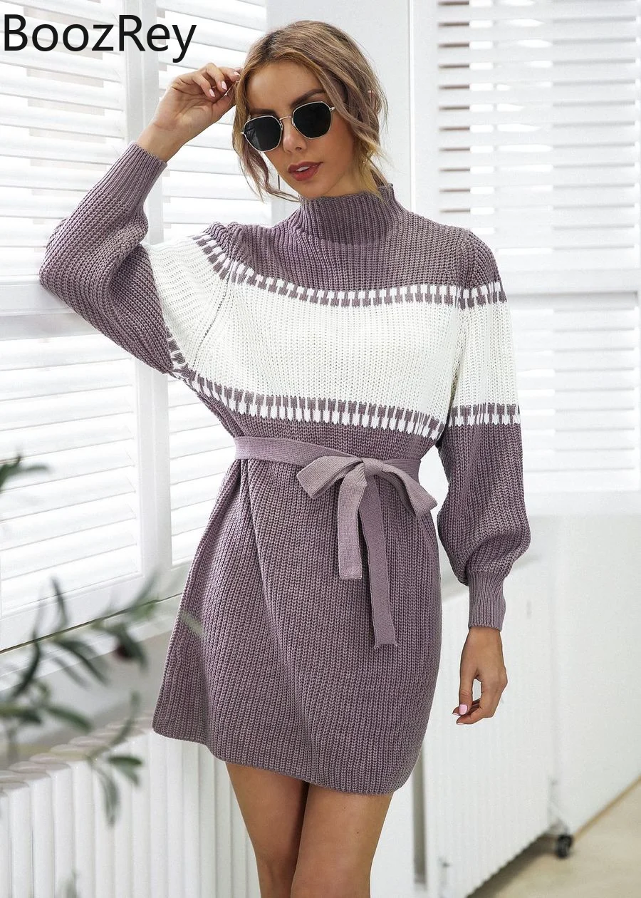 

Зимняя одежда BoozRey, женское трикотажное платье с коротким рукавом-фонариком, универсальные платья-свитеры контрастных цветов с поясом