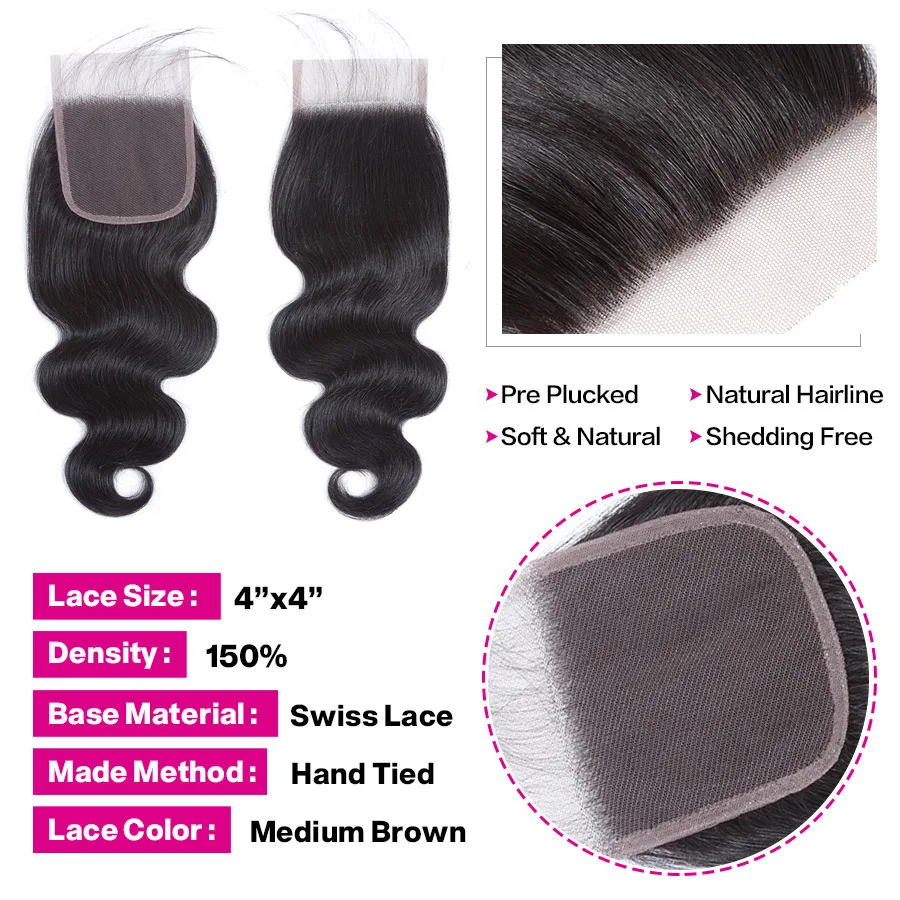 Бразильские волнистые волосы 3 пряди с кружевной застежкой речное дерево 100% Remy