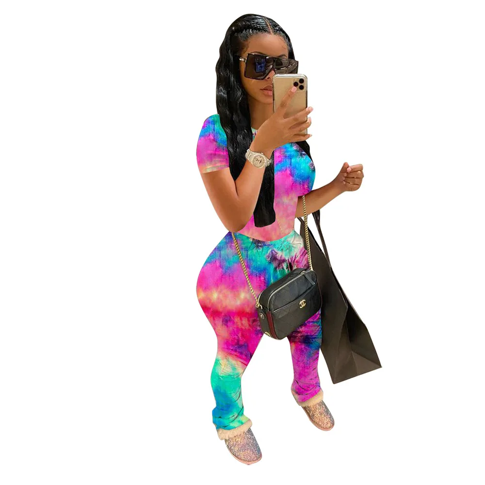 Wjustforu Ladies Summer Casual Fashion Tie Dye Stacking Suit Two Piece set Pullover T-Shirt + Sexy Pleated Slim Pants Female |