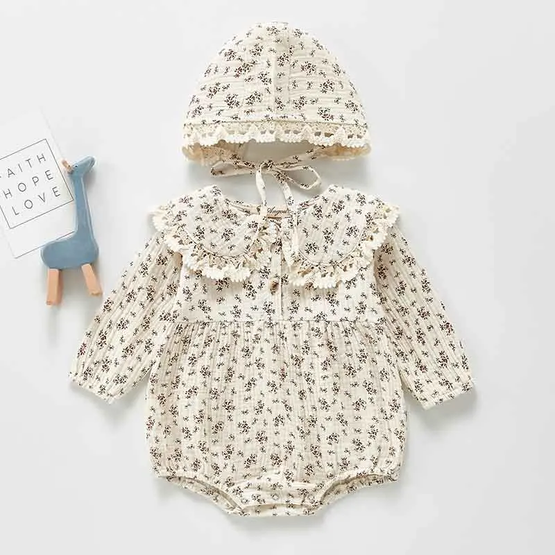 

Весенние боди для маленьких девочек, хлопковая осенняя одежда с цветочным принтом, Детский комбинезон с воротником для маленьких девочек с ...