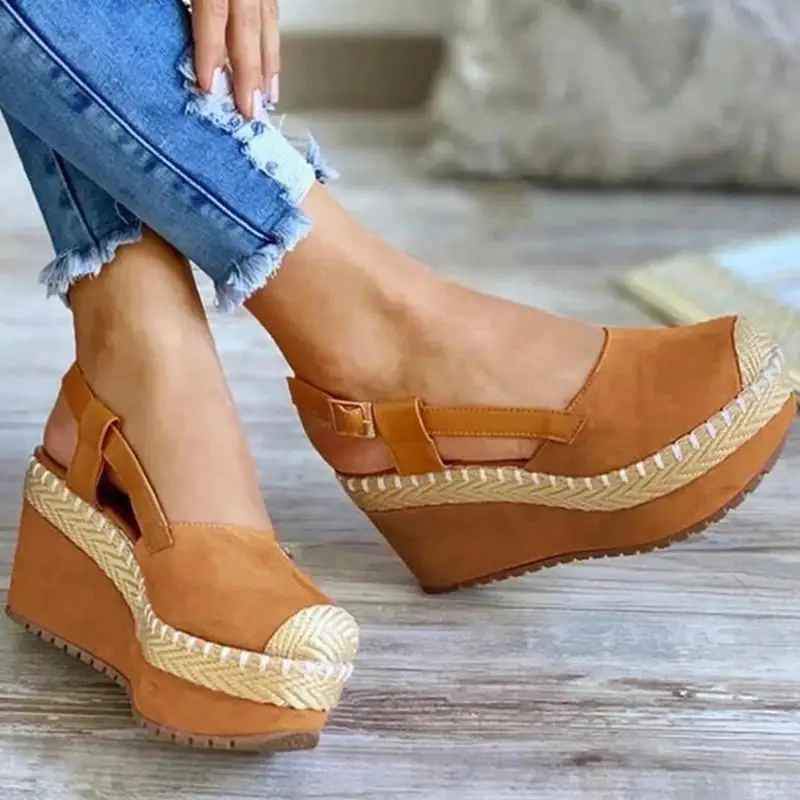 

New Arrival Women's Suede Stitching Woven Slope Heel Buckle Round Toe High-heeled Fashion Trend Sexy Elegant All-match Sandals