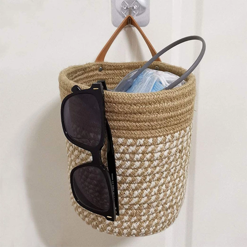 

Hand Woven Hanging Flower Pot Basket with Leather Belt Handle Laundry Picnic Toys Storage Container Planter Holder Home Decorat