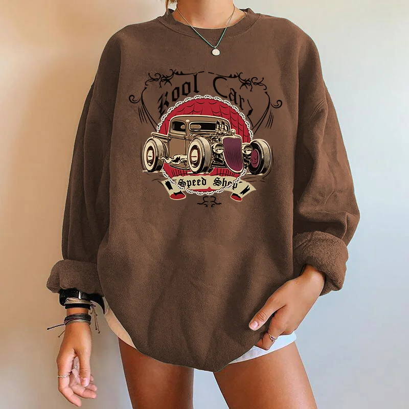 Vintage Car Print Women Sweartshirts Long Sleeve Crew Drop Shoulder Swearshirts Streetwear Vintage Tops Las Mujeres Sweetshirts