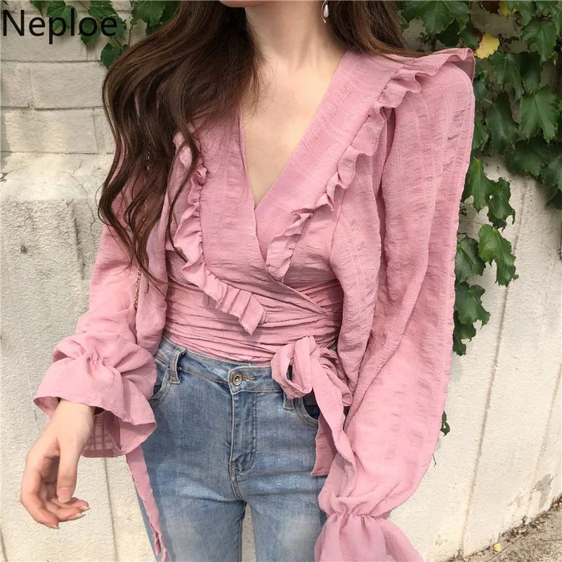 Женские блузки с оборками и v образным вырезом элегантные облегающие Блузы