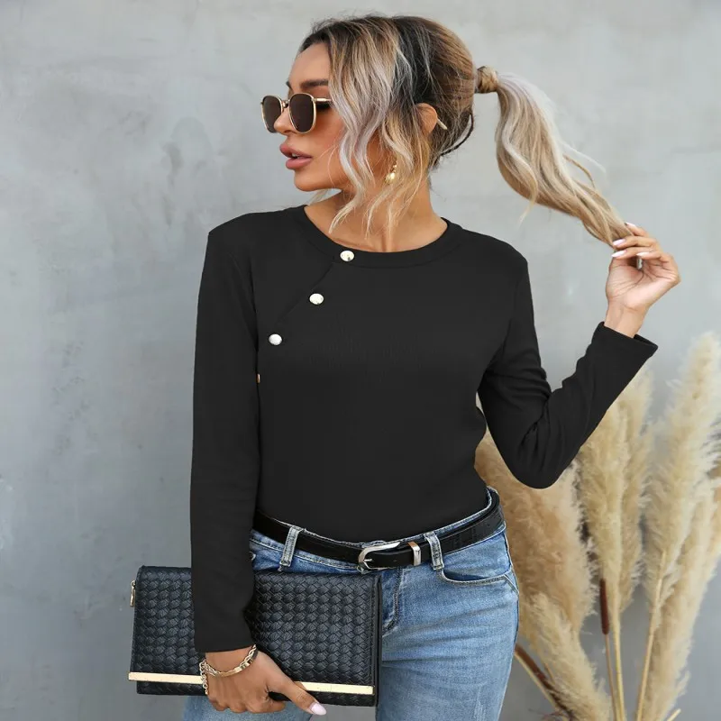 

S-2XL women's solid color long sleeve round collar diagonal button T shirt 2021 fashion spring fall tight long sleeve T shirt