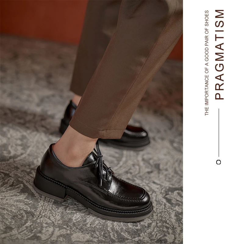 

Women pumps natural leather plus size 22-26cm Cowhide upper + pigskin lining Brush color women shoes Square toe lace-up shoes