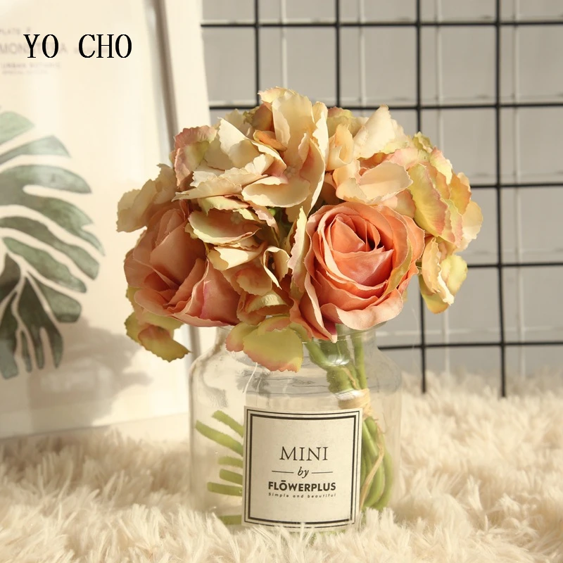 YO CHO Silk Hydrangea Roses Artificial Flowers Wedding Bouquet Silk Fake Flower Party Home Fall Decor Valentines Day Gift Floral