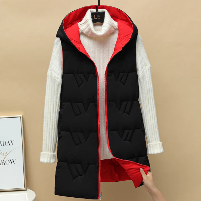 

Двусторонняя Длинная женская куртка без рукавов, жилет с капюшоном и хлопковой подкладкой, Женский Свободный жилет, Женское пальто