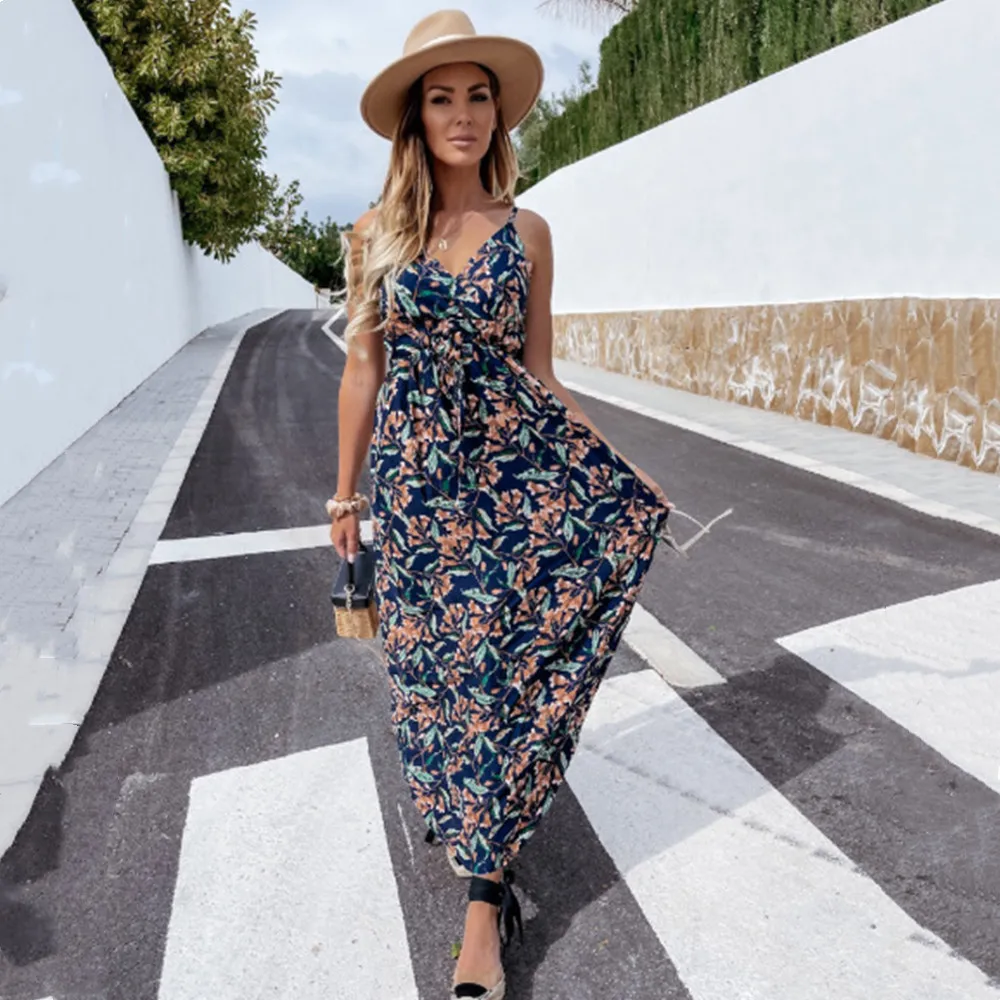 

Summer Sleeveless Sling Coconut Leaf Bohemian Dress Ladies Fashion V Neck High Waist Long Dresses For Women 2021 Robes Femme