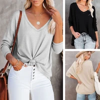 womens solid color waffle knitted top v neck off the shoulder loose casual bat sleeved top long sleeved pullover t shirt