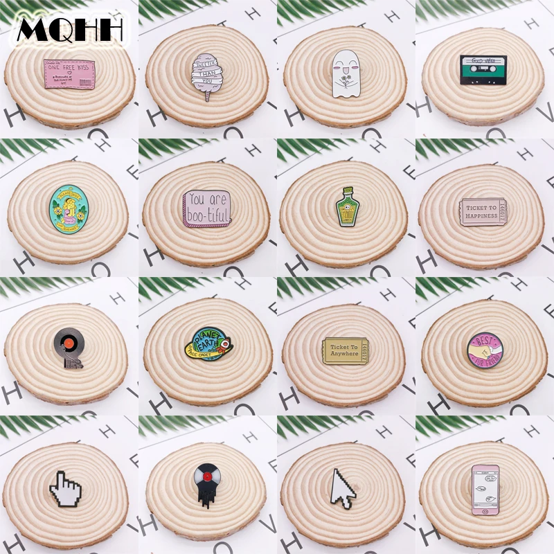 

Cartoon Geometry Music CD Tape Mouse Pink Enamel Brooch Flight Ticket Wishing Bottle Ghost Planet Badge Pin Jewelry Gift