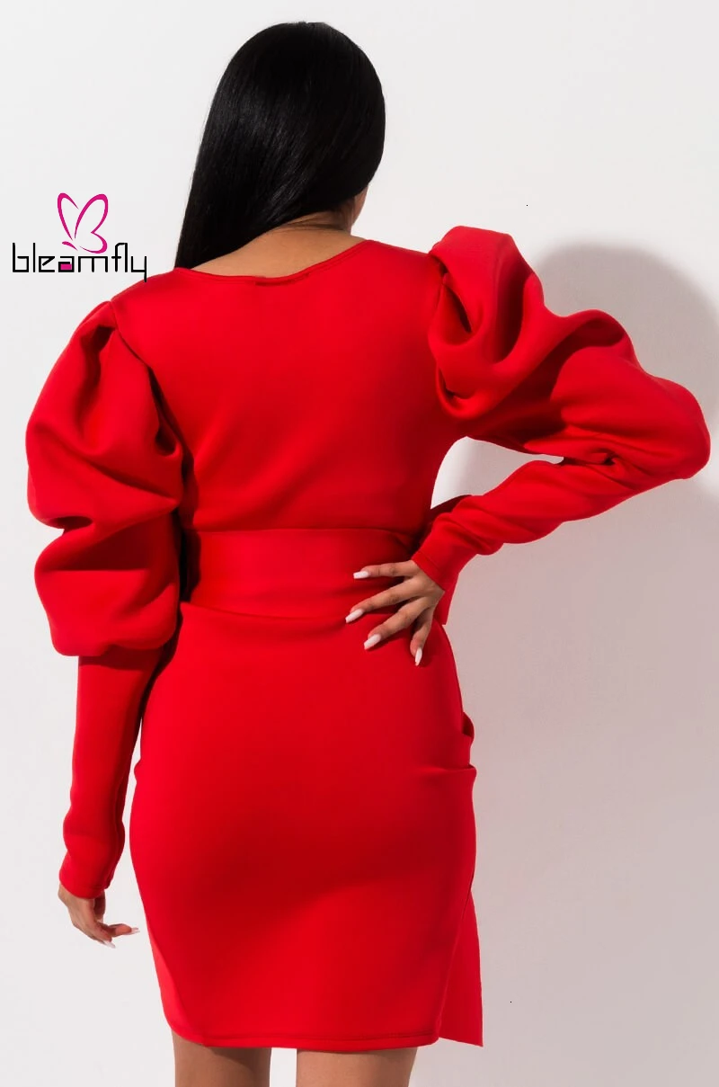 Женское мини платье с длинным пышным рукавом и v образным вырезом шикарная