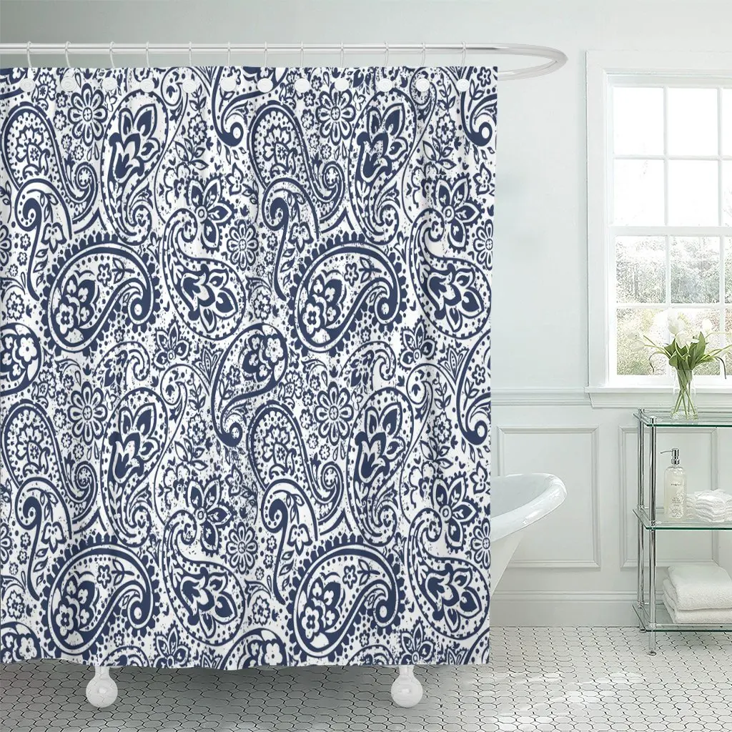 

Blue Pattern Gentle Paisley Flowers and Dots Floral Modern Shower Curtain Waterproof Polyester Fabric 72 x 78 Inches with Hooks