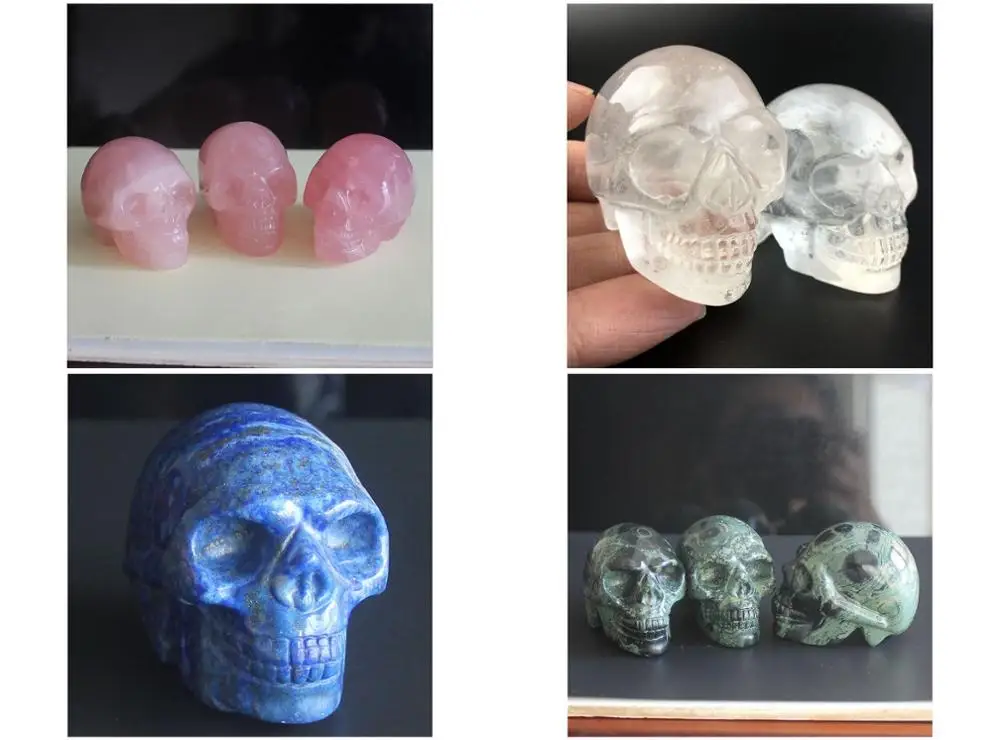 

2'' Hand carved gemstone crystal clear quartz kambaba jasper skull figurine statue