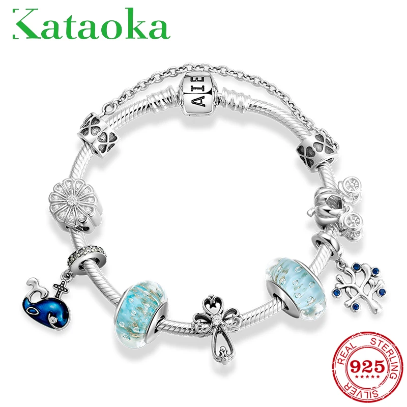 Женский браслет из серебра 925 пробы с голубыми стеклянными бусинами|Гибкие и