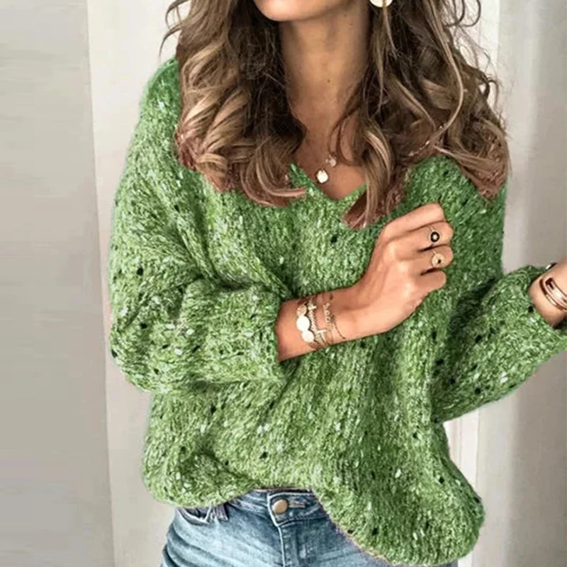 Sexy Women V-Neck Knitted Sweater Casual Solid Autumn Long Sleeve Pullover Tops Elegant Winter Warm Sweaters Jumper Pull Femme