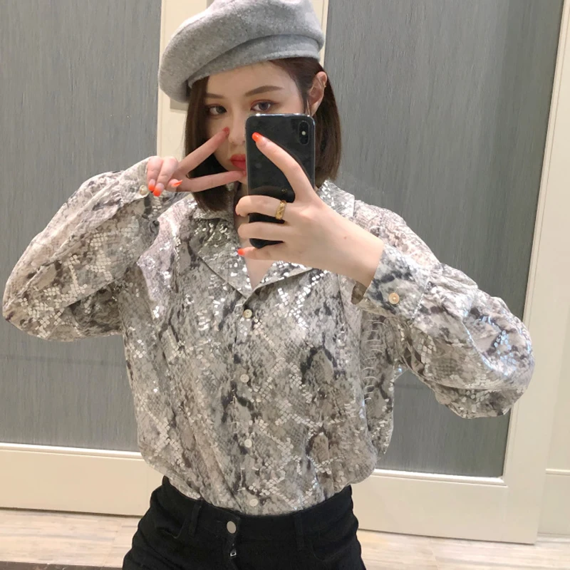 Женская винтажная рубашка Sungtin летний топ с принтом змеиной кожи отложным